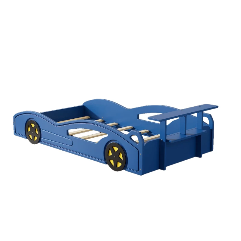 Car-Shaped Platform Twin Bed with Wheels and Storage Space, Safety Rails, Wooden Race Car Bed, 77.6" x 41.3" x 20.6", Blue