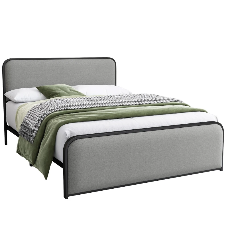 Vinsetto Modern Queen Size Metal Bed Frame with Curved Upholstered Headboard and Footboard, Under Bed Storage, Heavy Duty Metal Slats, Grey