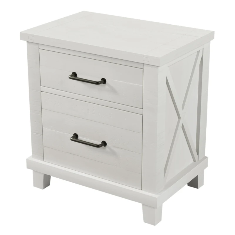 Vinsetto Rustic Farmhouse Solid Pine Wood Nightstand with Two Drawers, Whitewash Finish, Distressed Details, and Barn Door-Inspired Design, 24" x 16.9" x 25.8", White