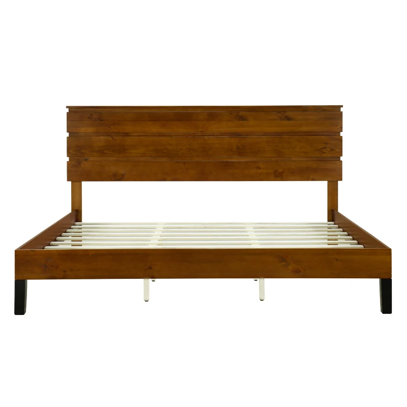 Mid-Century Modern Solid Wood King Bed Frame with Three-Piece Headboard, No Box Spring Needed, Easy Assembly, Brown