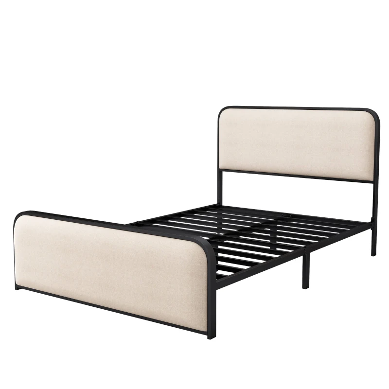 Vinsetto Modern Full Size Metal Bed Frame with Curved Upholstered Headboard and Footboard, Under Bed Storage, Heavy Duty Metal Slats, Beige
