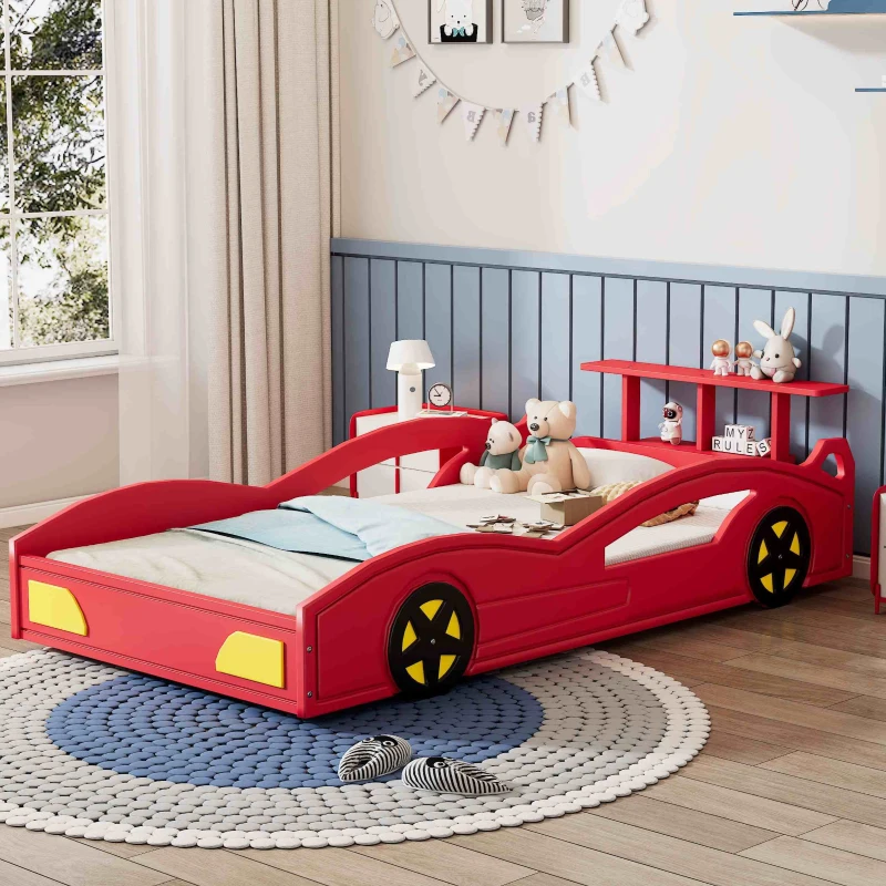 Car-Shaped Platform Twin Bed with Wheels and Storage Space, Safety Rails, and Sturdy Slats, Wooden Race Car Bed, 77.6" x 41.3" x 20.6", Red