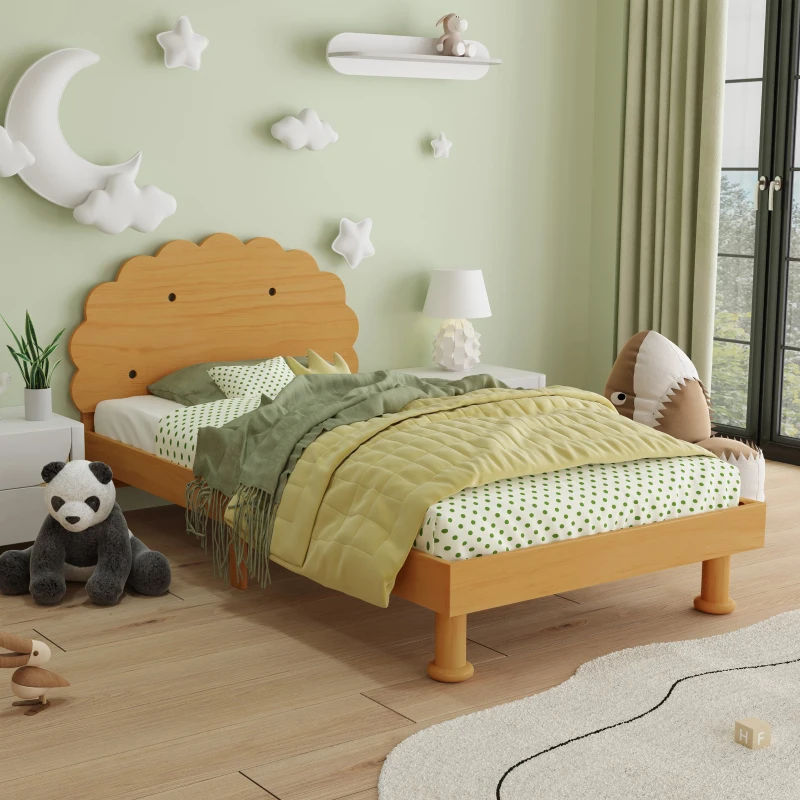 Kids Twin Size Cookie-Shaped Platform Bed with Solid Pine Wood Structure, Easy Drop-In Mattress Setup, 77.6" x 41.3" x 37.4", Walnut
