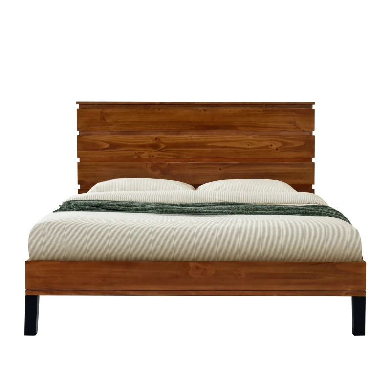 Vinsetto Mid-Century Modern Solid Wood Full Size Platform Bed with Six-Piece Headboard, No Box Spring Needed, 78.54" x 11.61" x 10.63", Brown