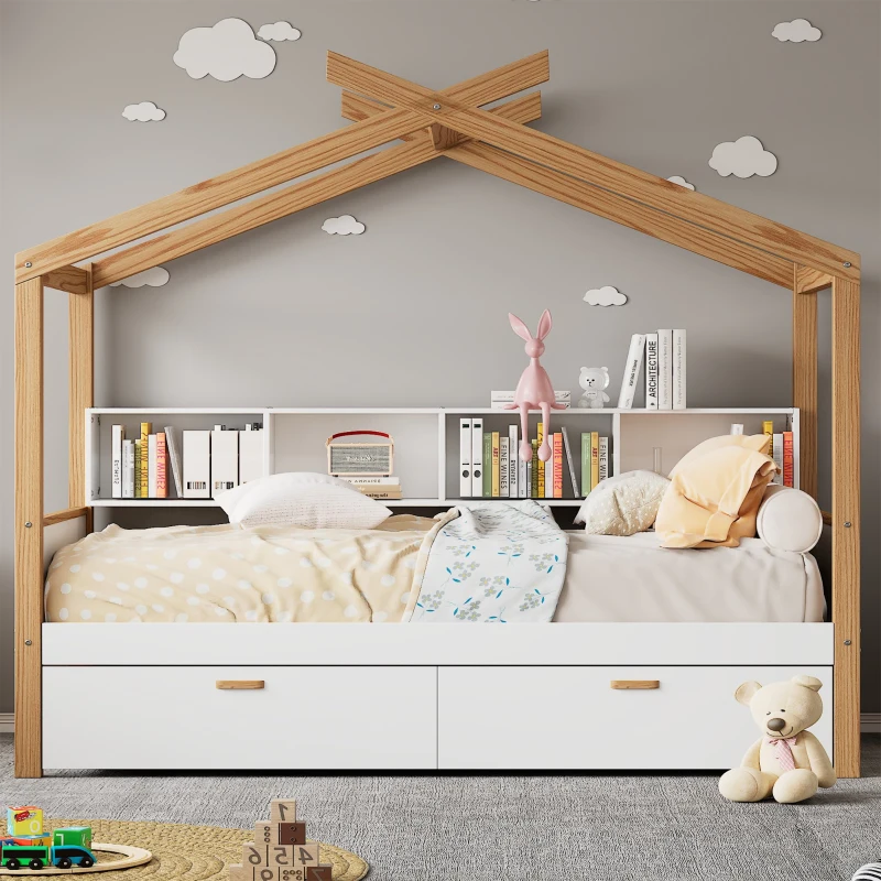 Twin Size Wooden House Bed with Two Drawers and Bookshelf Storage, Pinewood Frame, 80" x 40.5" x 67", White+Natural