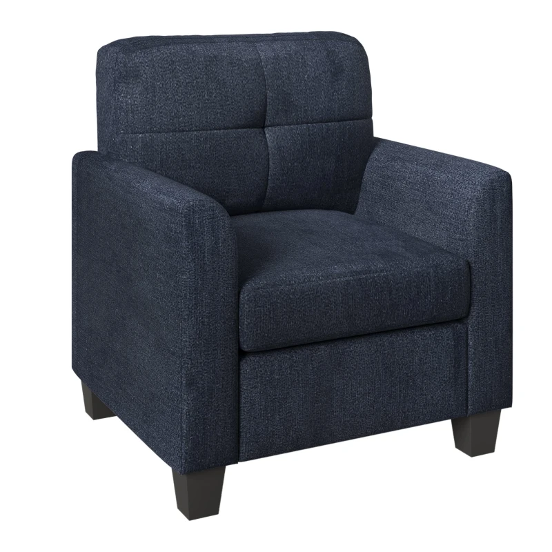 Mid Century Modern Accent Chair with Button Tufted Back and Wood Legs, Cozy Armchair with Removable Wide Backrest, 21.5'' Wide Seat Cushion, 5.5'' Wide Armrest, 32.5" x 28.9" x 36.2", Dark Blue