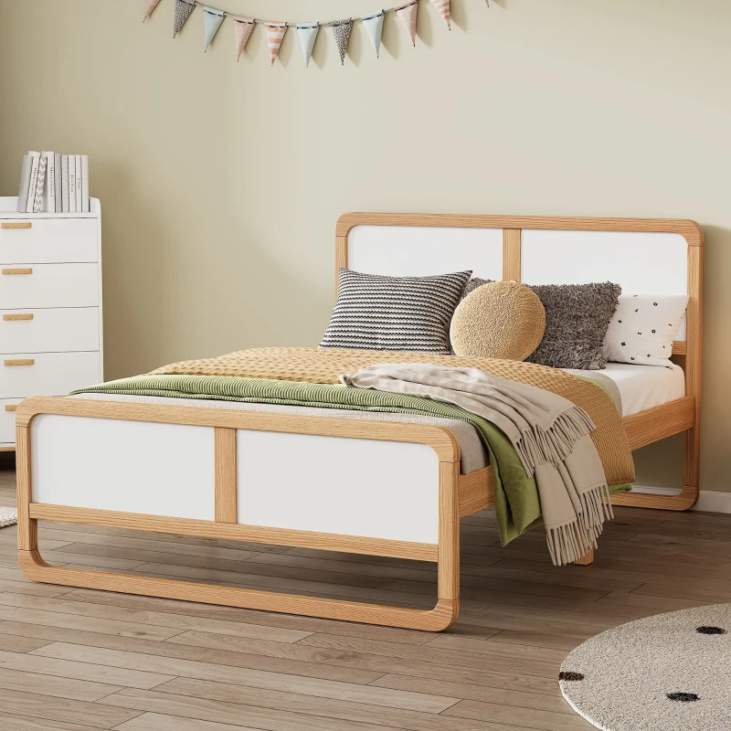 Vinsetto Modern Full Size Solid Wood Platform Bed for Kids, Teens, Adults, No Box Spring Needed, Pine Wood Frame, 78.1" x 56.4" x 40.1", White+Walnut