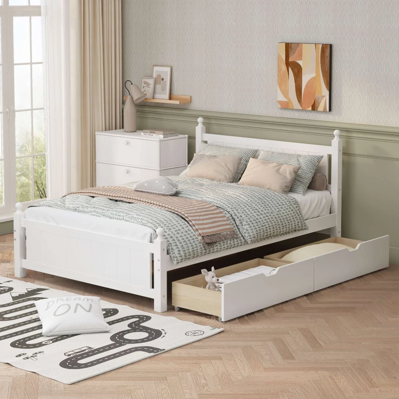 Vinsetto Full Size Solid Wood Platform Bed Frame with 2 Drawers, No Box Spring Needed, Pine Wood and MDF, 79.9" L x 56.2" W x 39" H, White