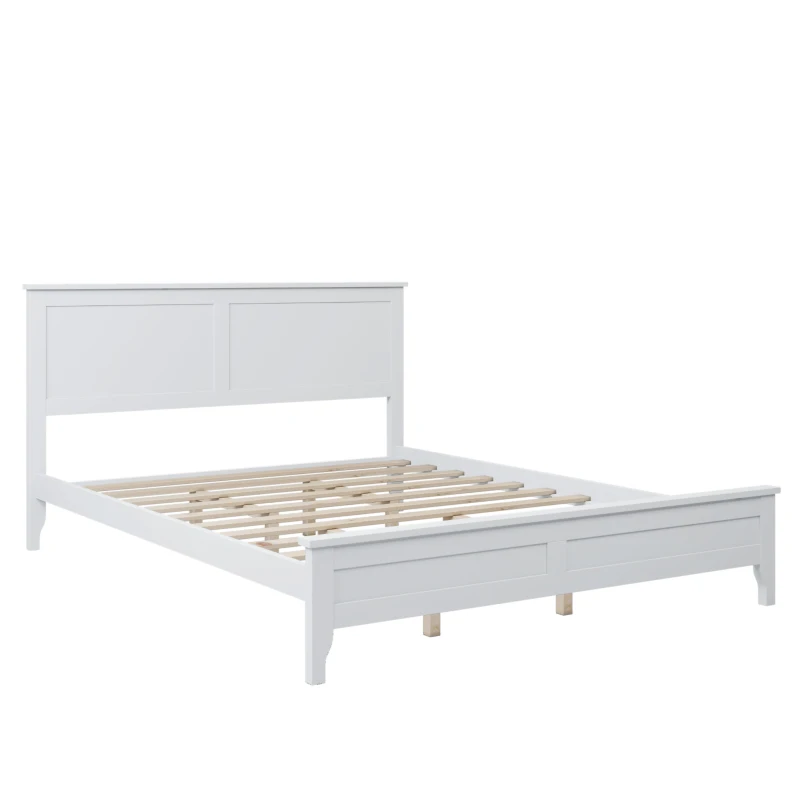 Modern Solid Wood Queen Size Bed, Pine Wood and MDF Frame, Slat Design Headboard, 600 lbs Weight Capacity, No Box Spring Needed, Adjustable Bed Compatible, White
