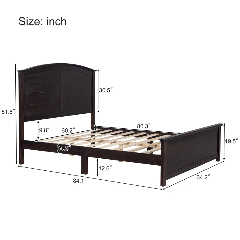 Vinsetto Farmhouse Wooden Platform Queen Size Bed with Curl Design Headboard and Footboard, Sturdy Structure, Easy Assembly, 84.1" x 64.2" x 51.8", Espresso
