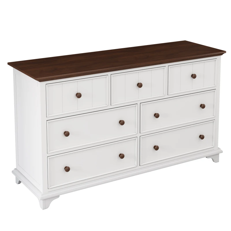 Wooden Captain Seven-Drawer Dresser for Bedroom, Living Room, Kids' Room, Solid Pine, Plywood, and MDF, 61" x 19.7" x 34.8", White+Walnut