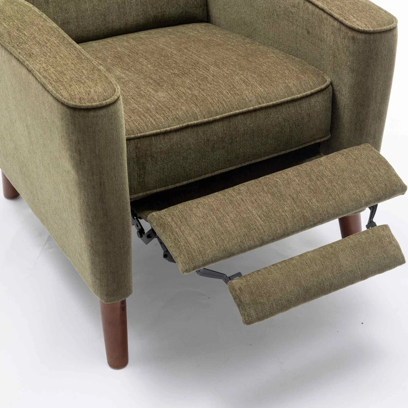 Mid Century Chenille Wingback Recliner Chair with Armrest and Solid Wood Legs, Button Tufted Pushback Recliner, 34.25" x 34.25" x 41.0", Green
