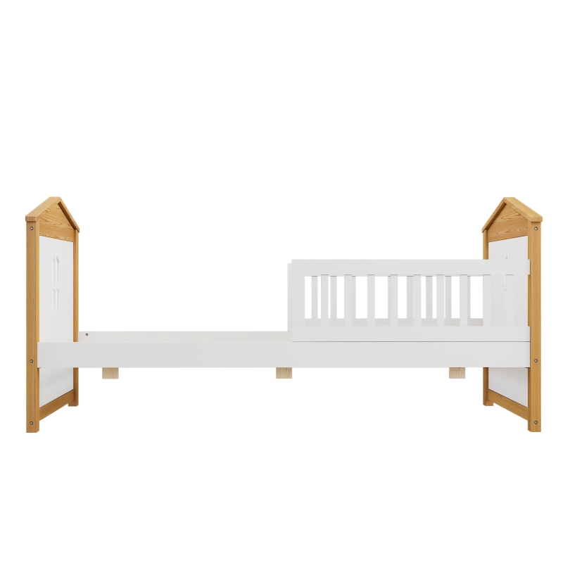 Twin Size House Shape Bed with Trundle, Wooden Bed Frame for Kids, No Box Spring Needed, Pine Wood and MDF, 78.1”L X 42.3”W X 37.2”H, White+Walnut
