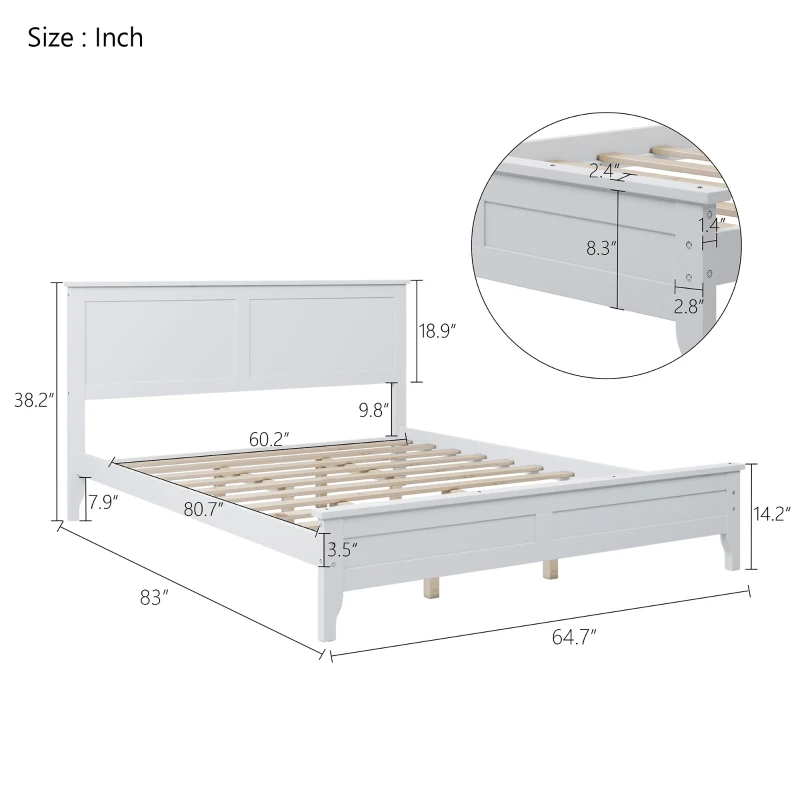 Modern Solid Wood Queen Size Bed, Pine Wood and MDF Frame, Slat Design Headboard, 600 lbs Weight Capacity, No Box Spring Needed, Adjustable Bed Compatible, White