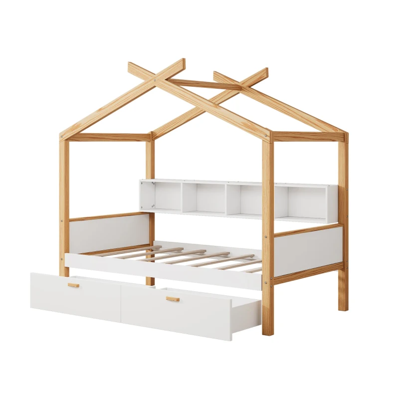 Twin Size Wooden House Bed with Two Drawers and Bookshelf Storage, Pinewood Frame, 80" x 40.5" x 67", White+Natural
