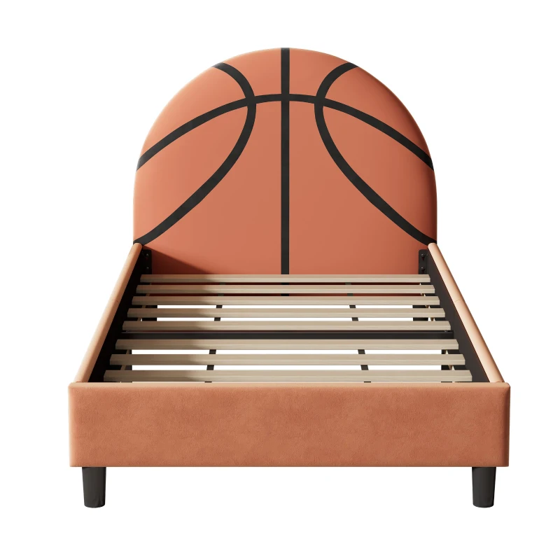Basketball Design Upholstered Twin Platform Bed, Sport Style Bed for Boys & Girls, Teens, No Box Spring Needed, 80.3”L x 41.33”W x 38”H, Orange