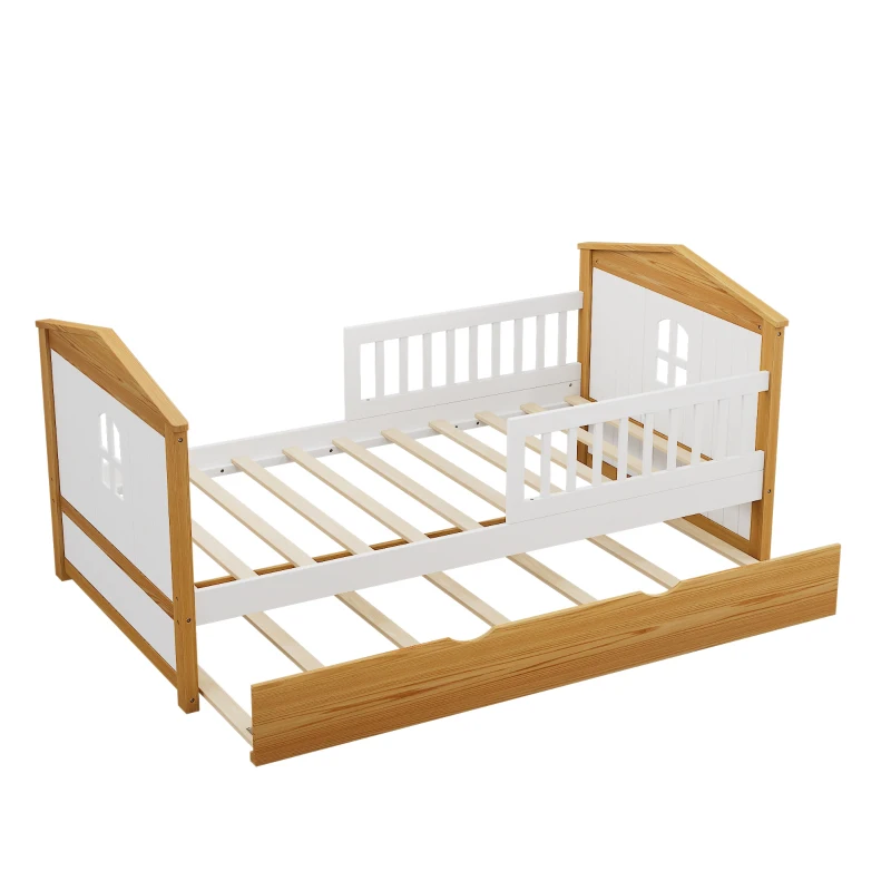 Twin Size House Shape Bed with Trundle, Wooden Bed Frame for Kids, No Box Spring Needed, Pine Wood and MDF, 78.1”L X 42.3”W X 37.2”H, White+Walnut