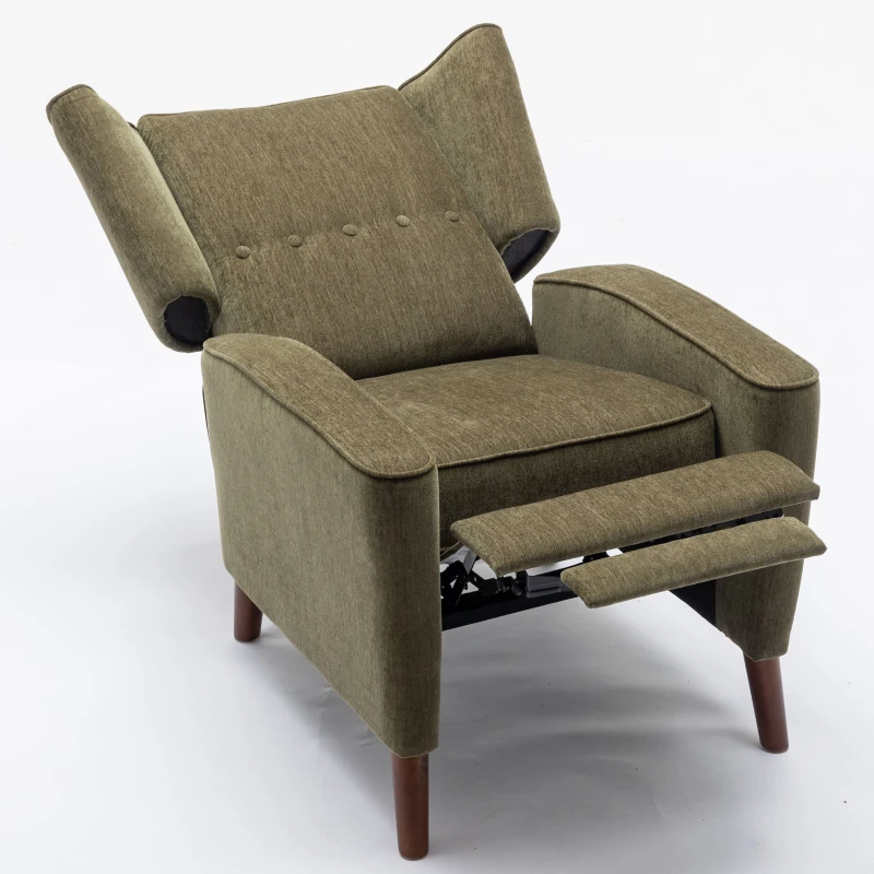 Mid Century Chenille Wingback Recliner Chair with Armrest and Solid Wood Legs, Button Tufted Pushback Recliner, 34.25" x 34.25" x 41.0", Green
