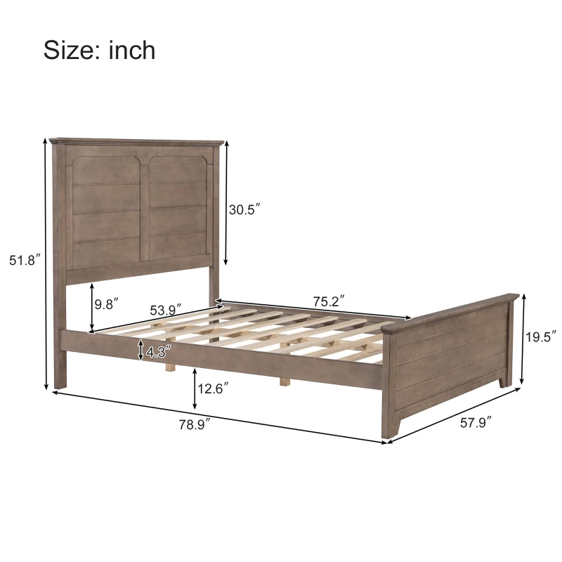 Vinsetto Farmhouse Wooden Platform Full Size Bed with Panel Design Headboard and Footboard, Sturdy Structure, Easy Assembly, 78.9" L x 57.9" W x 51.8" H, Ash Brown