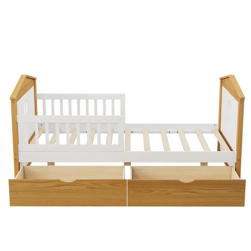 Twin Size House Shape Bed with Two Drawers, Wooden Bed Frame for Kids, No Box Spring Needed, 78.1”L x 42.3”W x 37.2”H, White+Walnut