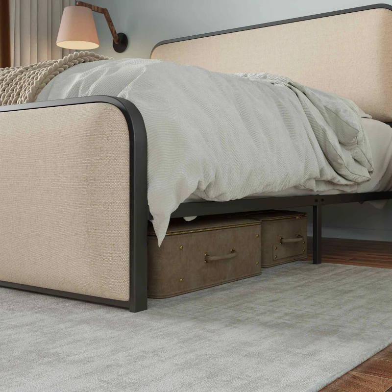 Vinsetto Modern King Size Metal Bed Frame with Curved Upholstered Headboard and Footboard, Under Bed Storage, Heavy Duty Metal Slats, Beige