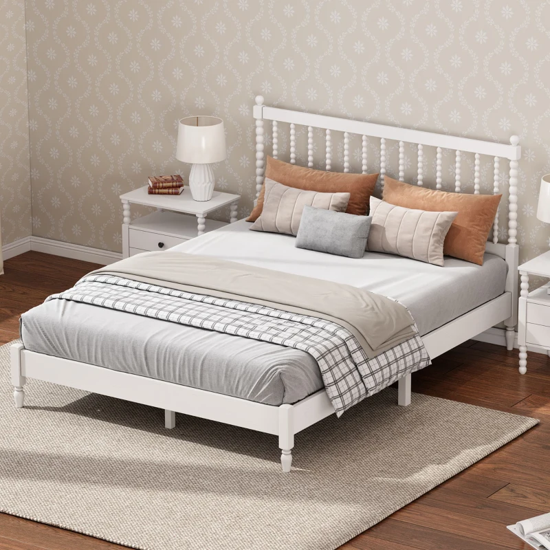 Vinsetto King Size Wood Platform Bed with Gourd Shaped Headboard, Sturdy Pinewood Support, No Box Spring Needed, 83.9" x 78.7" x 44.9", Antique White