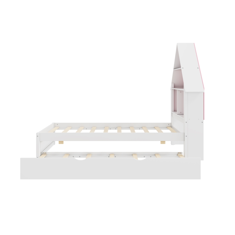 Twin Size House-Shaped Bed with Bookcase Headboard, LED Light, and Trundle for Kids, Solid Pine and MDF Construction, White+Pink