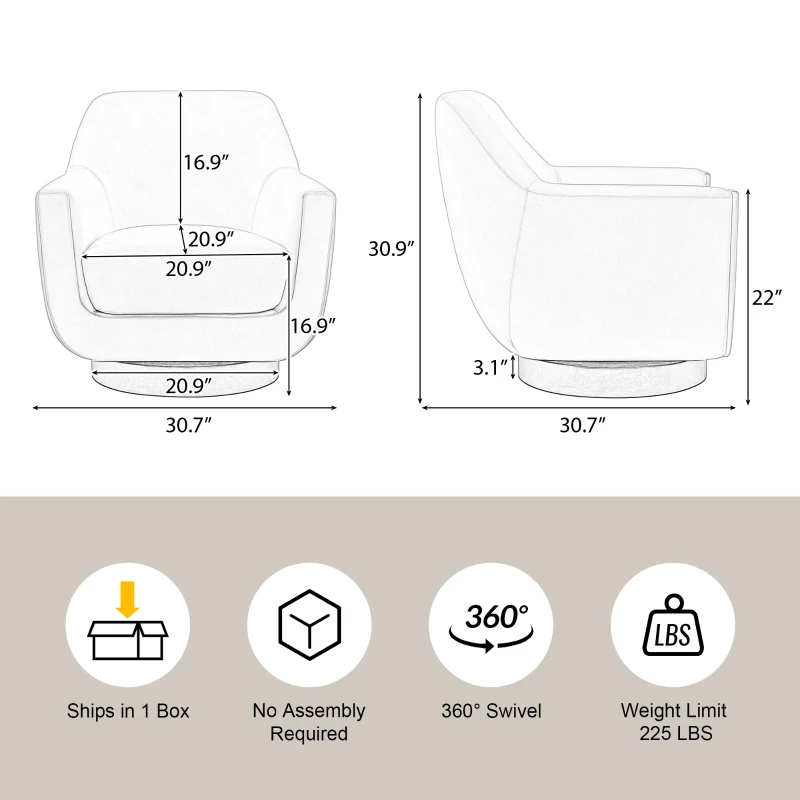 U-shaped Fully Assembled Swivel Velvet Accent Chair with Solid Wood Base and High-Density Foam Cushion, 30.7" x 30.7" x 30.9", Beige
