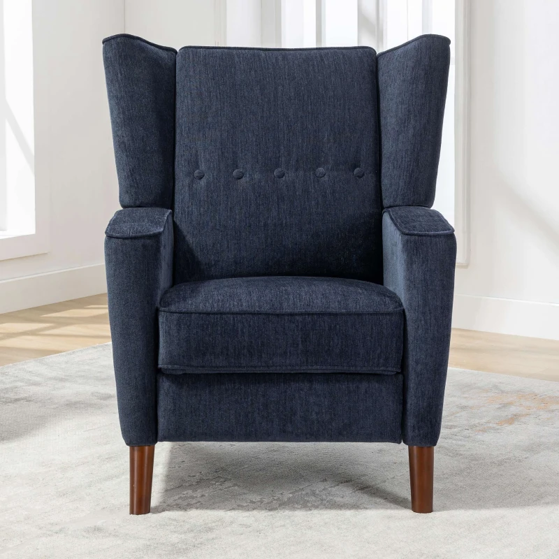 Mid Century Chenille Wingback Recliner Chair with Armrest and Solid Wood Legs, Button Tufted Pushback Recliner, 34.25" x 34.25" x 41.0", Navy Blue