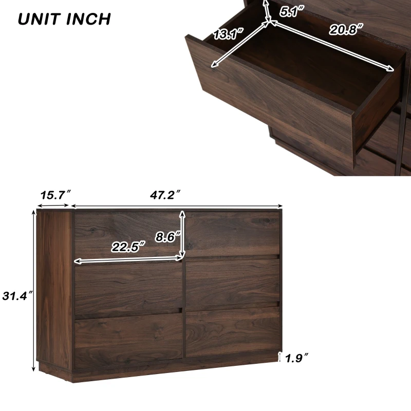 Vinsetto Mid-Century Modern 6-Drawer Dresser, Dark Walnut Finish, Smooth Metal Runners, Easy to Clean, Scratch Resistant, 47.2" x 15.7" x 31.4", Dark Brown