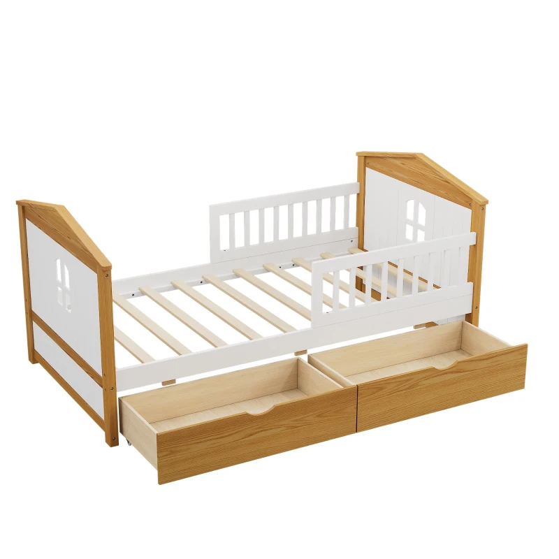 Twin Size House Shape Bed with Two Drawers, Wooden Bed Frame for Kids, No Box Spring Needed, 78.1”L x 42.3”W x 37.2”H, White+Walnut