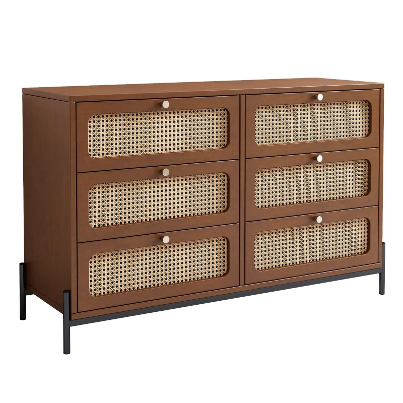 Vinsetto Modern Cannage Rattan Wood Closet 6-Drawer Dresser, Storage Cabinet Sideboard for Bedroom, Living Room, Entryway, Hallway, 47" x 15.7" x 30", Walnut