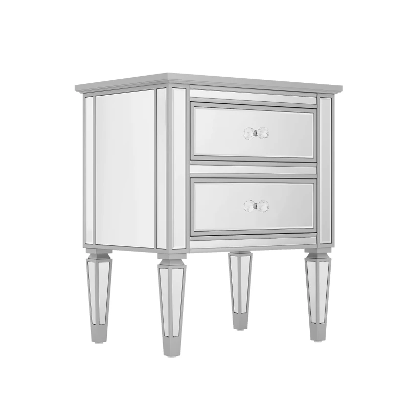 Elegant Mirrored Side Table with 2 Drawers, Modern Silver Finish, Crystal Handles, and Arrow-Shape Legs, 24" x 18.1" x 28.3", Silver