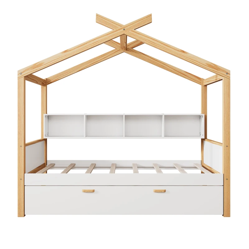 Twin Size Wooden House Bed with Trundle and Bookshelf Storage, Pinewood Frame, 80" x 40.5" x 67", White+Natural