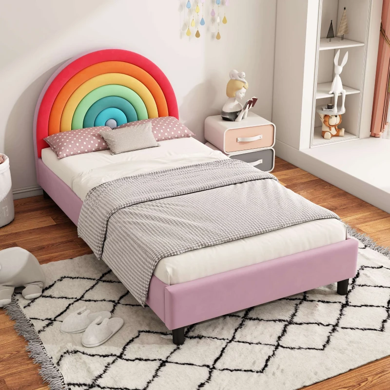 Rainbow Design Upholstered Twin Platform Bed, Cute Style Princess Bed for Boys & Girls, Sturdy Construction, No Box Spring Needed, Kids-Friendly, 80.3”L x 41.33”W x 38”H, Colorful+Pink
