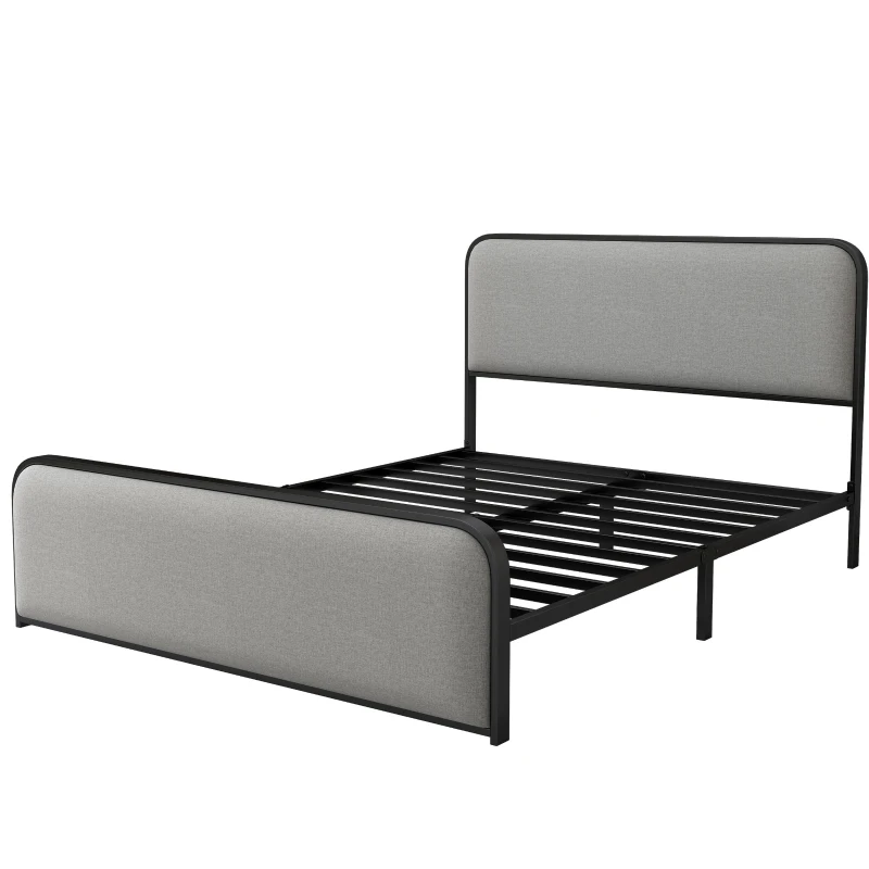 Vinsetto Modern Queen Size Metal Bed Frame with Curved Upholstered Headboard and Footboard, Under Bed Storage, Heavy Duty Metal Slats, Grey