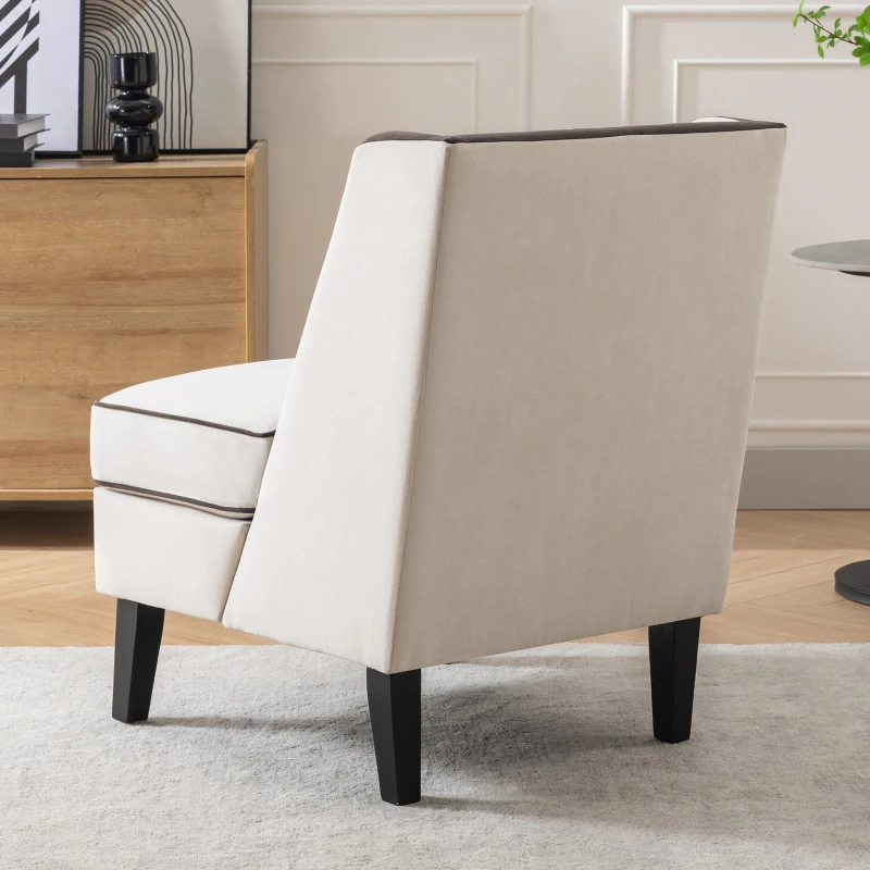 Velvet Upholstered Accent Chair with Black Piping, Thick Padded Cushion, Solid Wood Legs, and Additional Back Pillow, 24.25" x 21" x 26.25", Cream