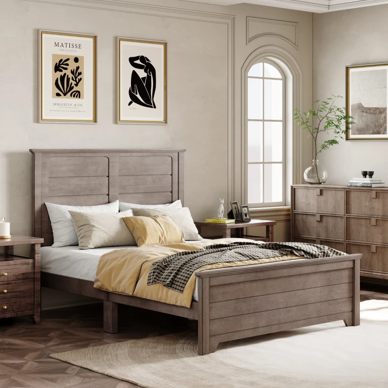 Vinsetto Farmhouse Wooden Platform Queen Size Bed with Panel Design Headboard and Footboard, Sturdy Structure, Easy Assembly, No Box Spring Needed, 84.1" x 64.2" x 51.8", Ash Brown