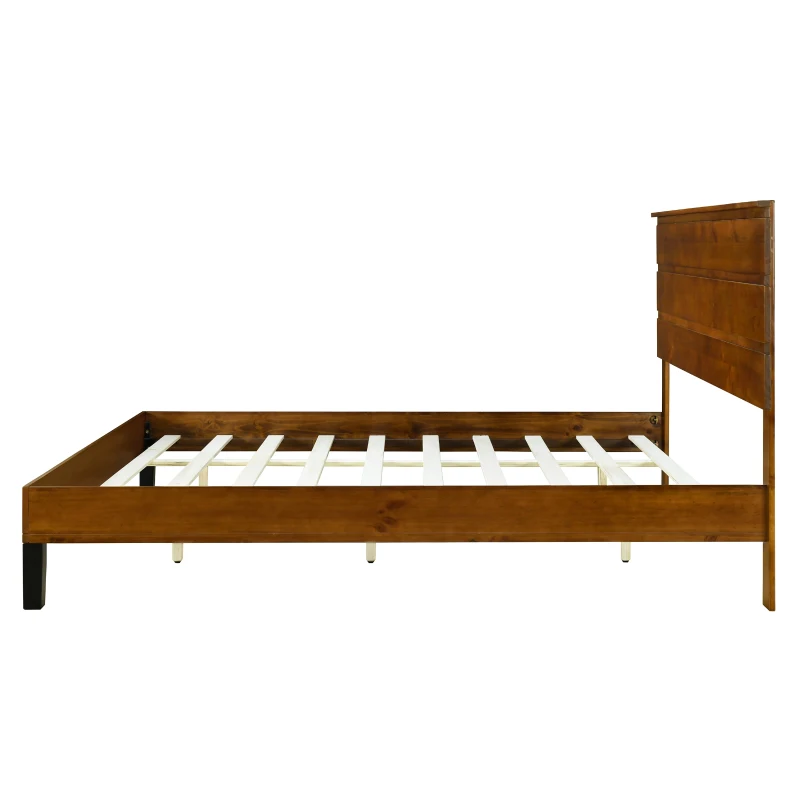 Mid-Century Modern Solid Wood King Bed Frame with Three-Piece Headboard, No Box Spring Needed, Easy Assembly, Brown