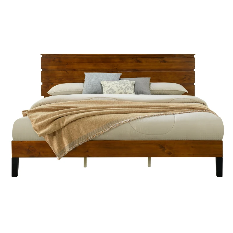 Mid-Century Modern Solid Wood King Bed Frame with Three-Piece Headboard, No Box Spring Needed, Easy Assembly, Brown