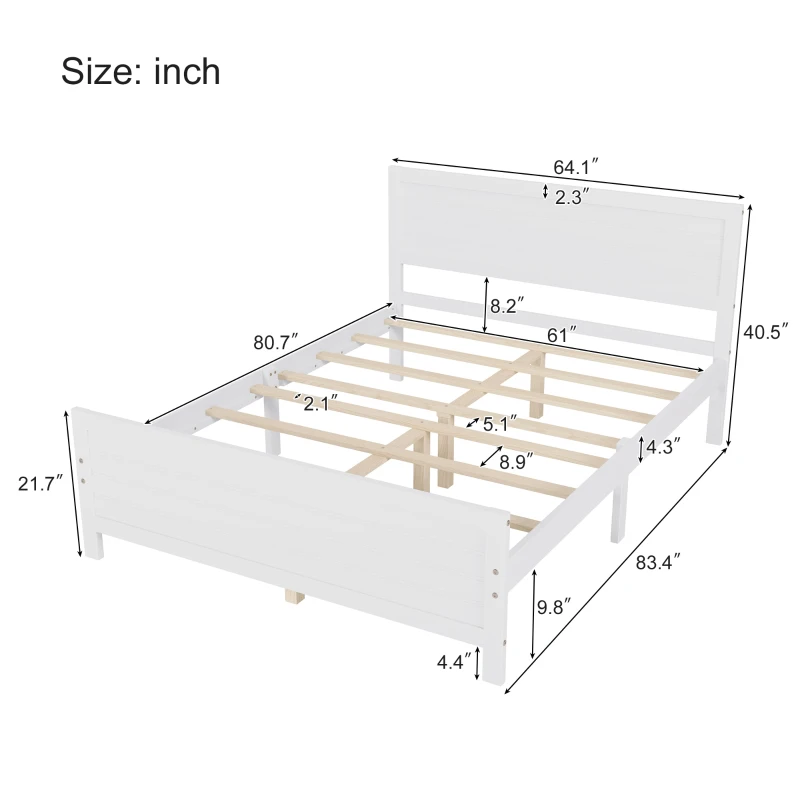 Vinsetto Farmhouse Style Queen Size Wood Platform Bed Frame with Headboard, Mattress Foundation with Wood Slat Support, No Box Spring Needed, 6.06" Underbed Clearance, 500 lbs Weight Capacity, White