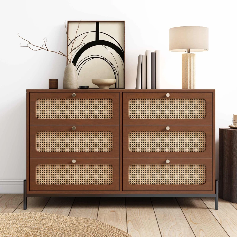 Vinsetto Modern Cannage Rattan Wood Closet 6-Drawer Dresser, Storage Cabinet Sideboard for Bedroom, Living Room, Entryway, Hallway, 47" x 15.7" x 30", Walnut