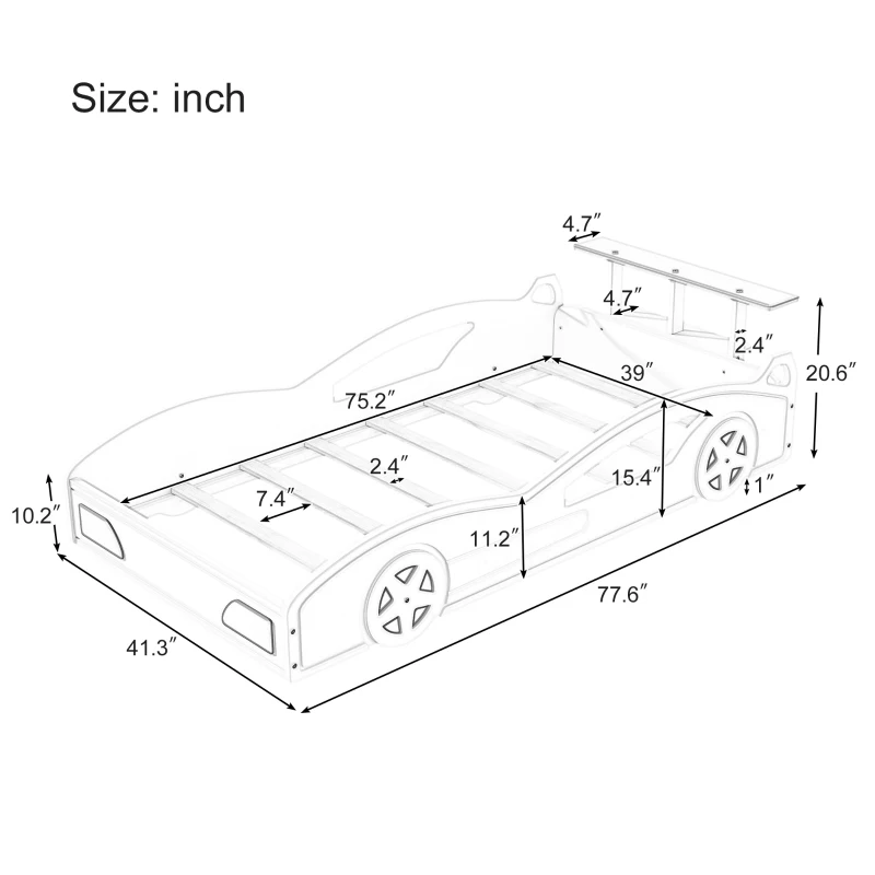 Car-Shaped Platform Twin Bed with Wheels and Storage Space, Safety Rails, and Sturdy Slats, Wooden Race Car Bed, 77.6" x 41.3" x 20.6", Red