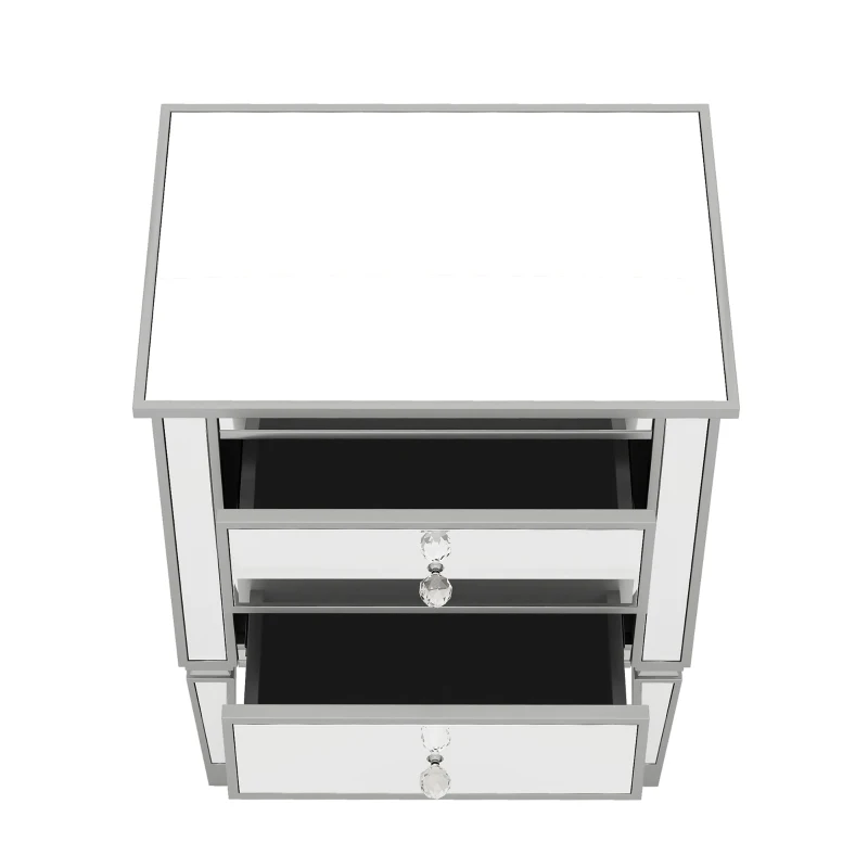 Elegant Mirrored Side Table with 2 Drawers, Modern Silver Finish, Crystal Handles, and Arrow-Shape Legs, 24" x 18.1" x 28.3", Silver