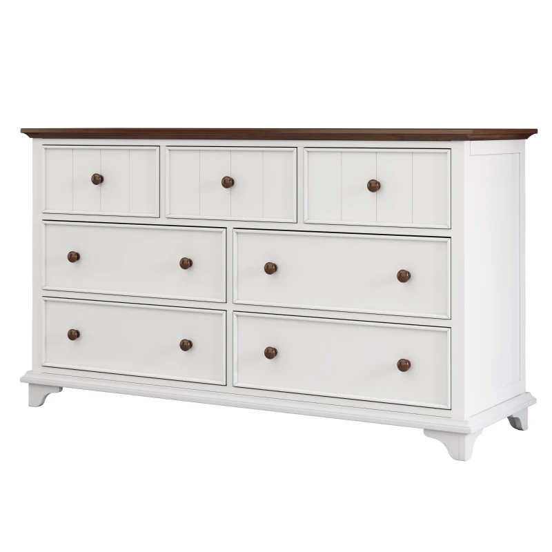 Wooden Captain Seven-Drawer Dresser for Bedroom, Living Room, Kids' Room, Solid Pine, Plywood, and MDF, 61" x 19.7" x 34.8", White+Walnut