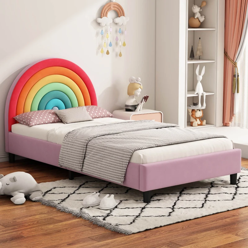 Rainbow Design Upholstered Twin Platform Bed, Cute Style Princess Bed for Boys & Girls, Sturdy Construction, No Box Spring Needed, Kids-Friendly, 80.3”L x 41.33”W x 38”H, Colorful+Pink