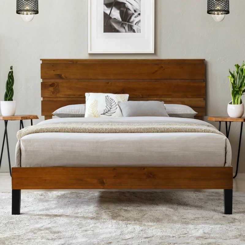 Mid-Century Modern Solid Wood King Bed Frame with Three-Piece Headboard, No Box Spring Needed, Easy Assembly, Brown