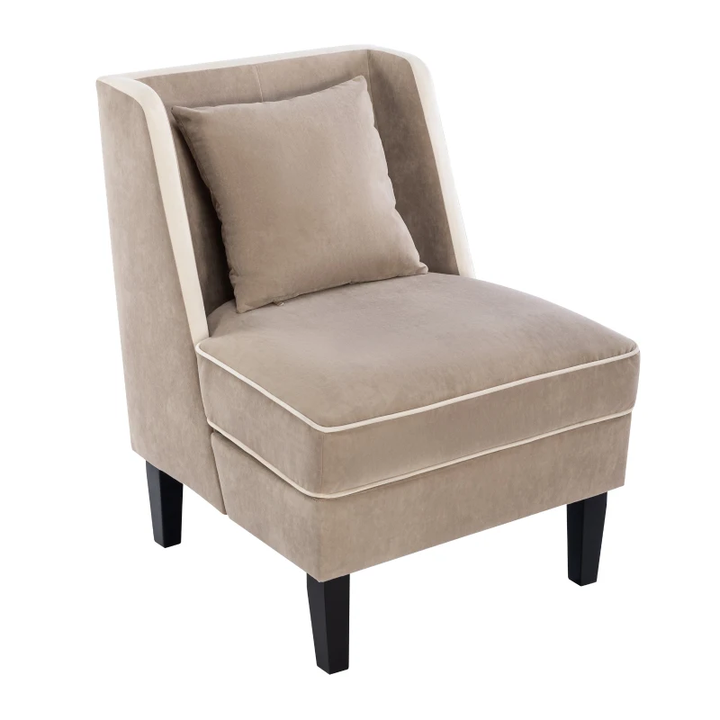 Velvet Upholstered Accent Chair with Cream Piping, Thick Padded Cushion, Solid Wood Legs, and Additional Back Pillow, Tan
