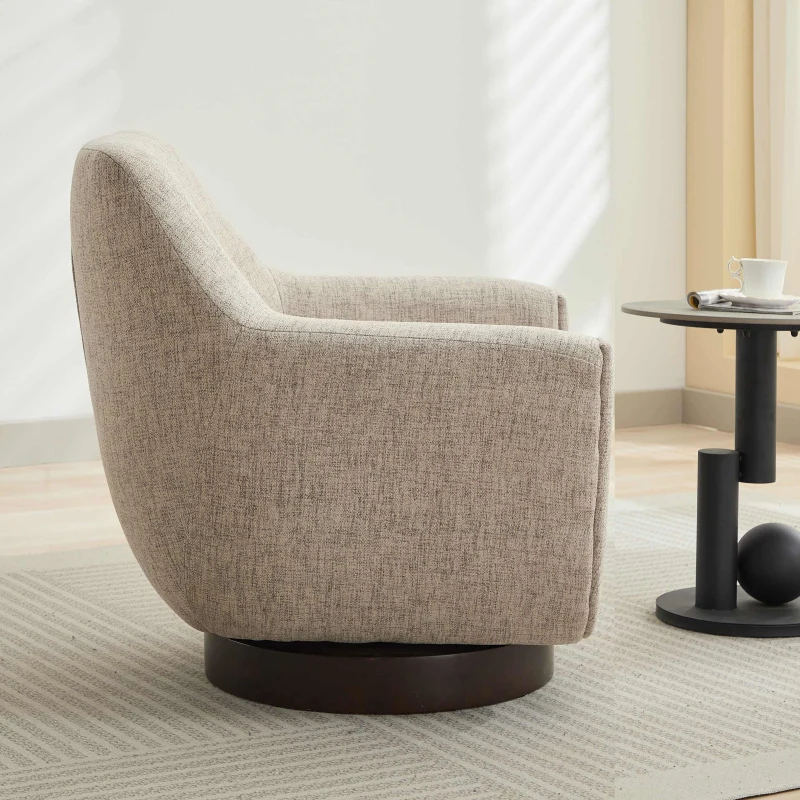 U-shaped Fully Assembled Swivel Linen Accent Armchair with Solid Wood Base, 360° Rotation, 30.7" L x 30.7" W x 30.9" H, Flax Beige