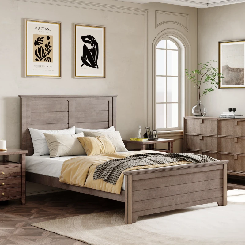 Vinsetto Farmhouse Wooden Platform Full Size Bed with Panel Design Headboard and Footboard, Sturdy Structure, Easy Assembly, 78.9" L x 57.9" W x 51.8" H, Ash Brown